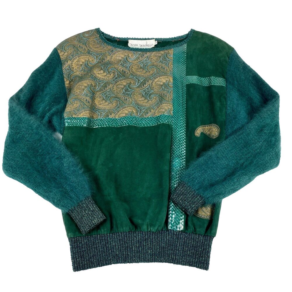 VTG Susan Sandhaus Green Leather Mohair Sweater Womens Medium Avant Garde Funky